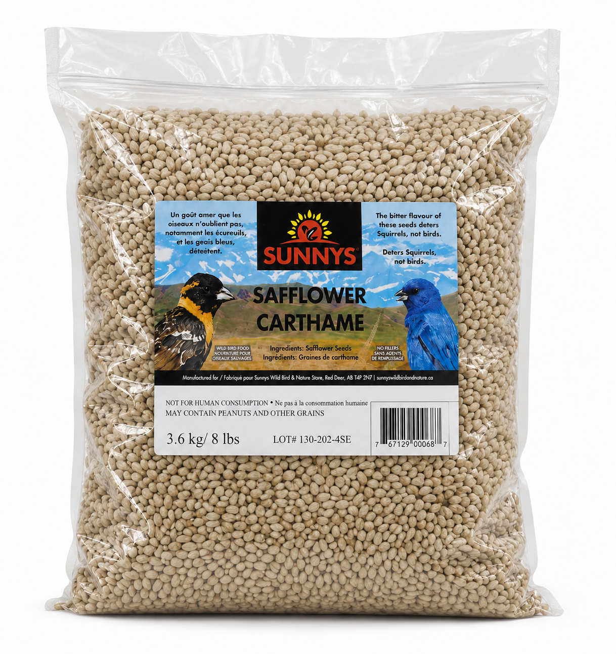 Sunnys Safflower Wild Bird Seed 3.6 kg (8 lb) | Premium Safflower Seed | Deters Squirrels | No Fillers | Packaged in Canada