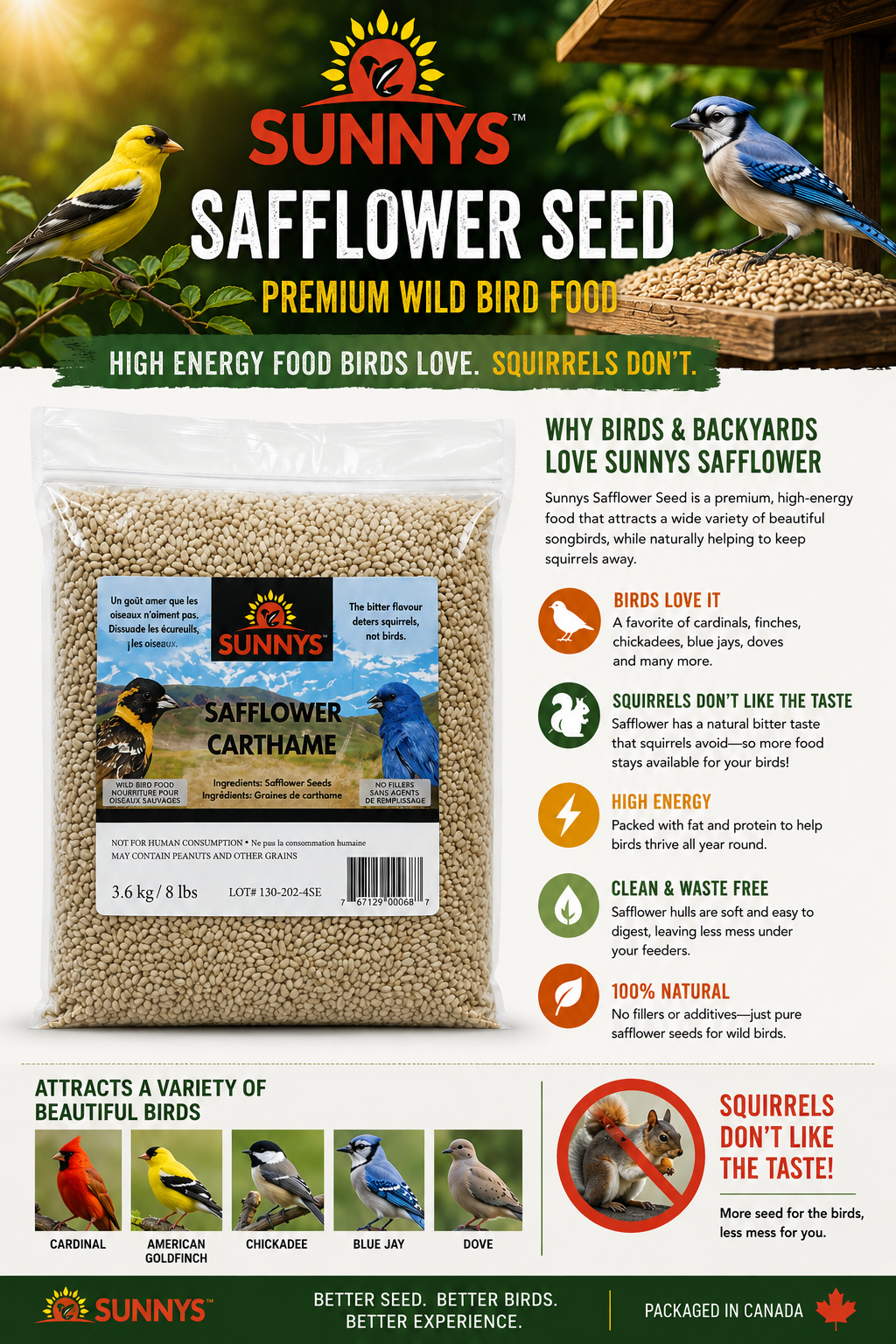 Sunnys Safflower Wild Bird Seed 3.6 kg (8 lb) | Premium Safflower Seed | Deters Squirrels | No Fillers | Packaged in Canada
